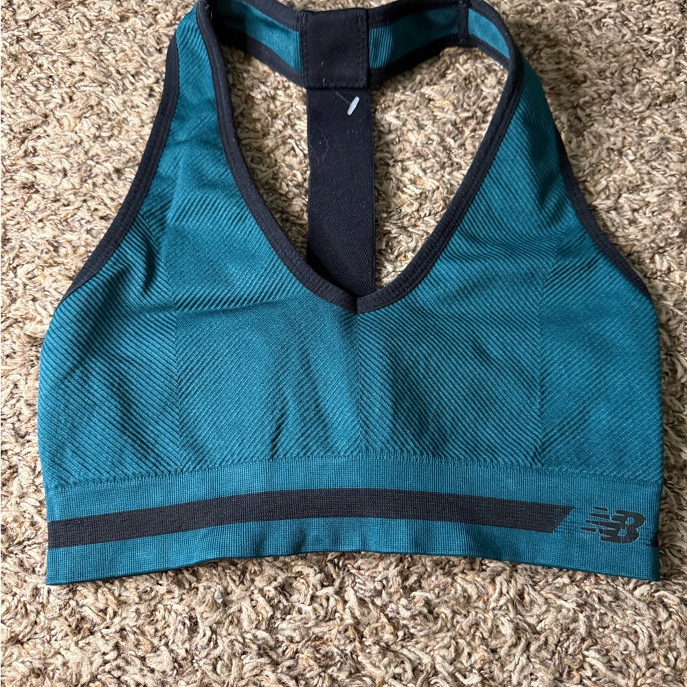 New Balance Sports Bra Medium Ribbed Seamless Racerback‎ Logo Strap Teal Black